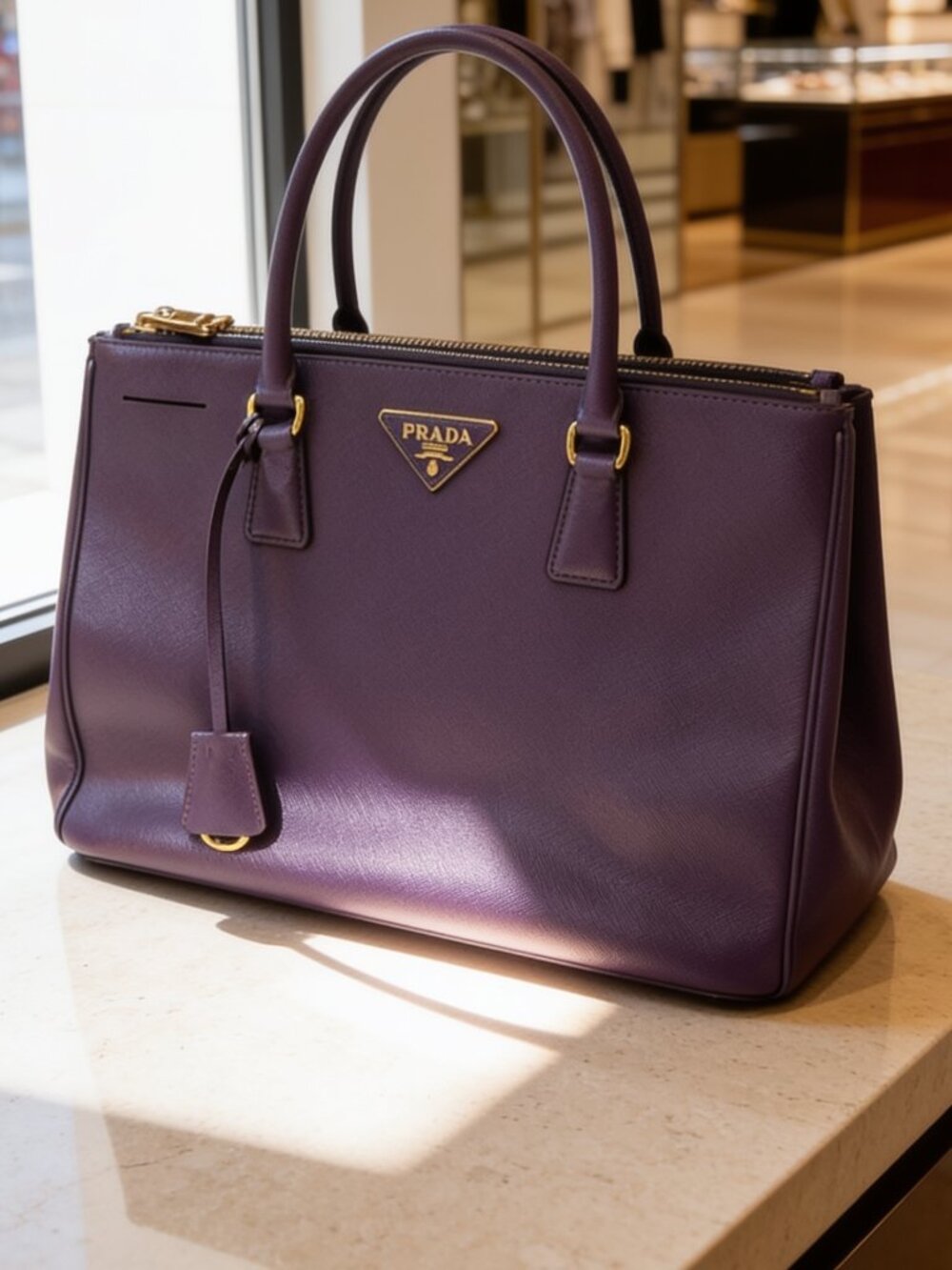 Prada Galleria Medium Saffiano Leather Tote Deep Purple Plum Gold HW -MINT